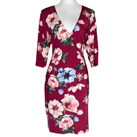 Forever 21 Dresses & Skirts - Forever 21+ Floral Low Cut V-Neck Floral 3/4 Sleeve Midi Dress Occasion Event XL